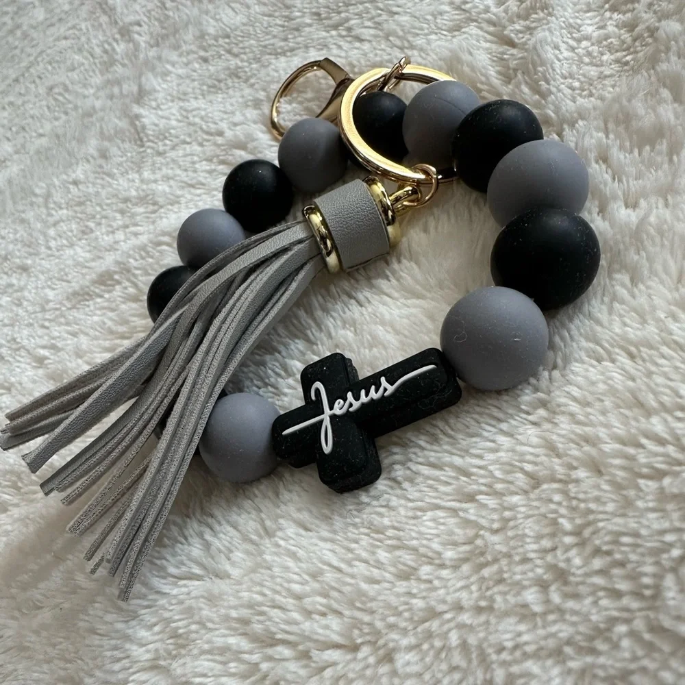 Wristlet Keychain Jesus Cross Tassel Black & Gray Beaded Keychain Bracelet NWT